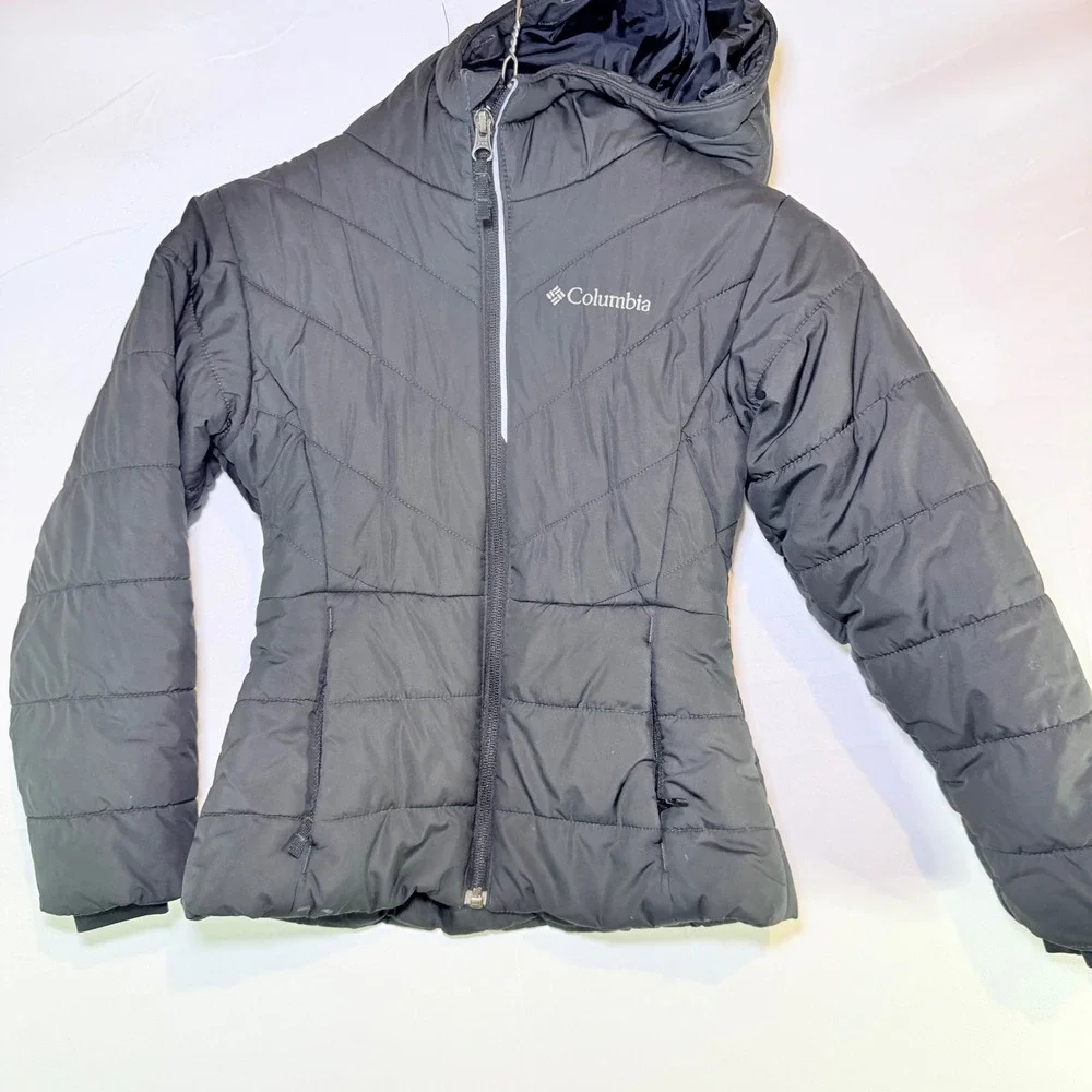 Columbia Kids XS Black Hooded Puffer Jacket Quilted Insulated Full‎ Zip Coat